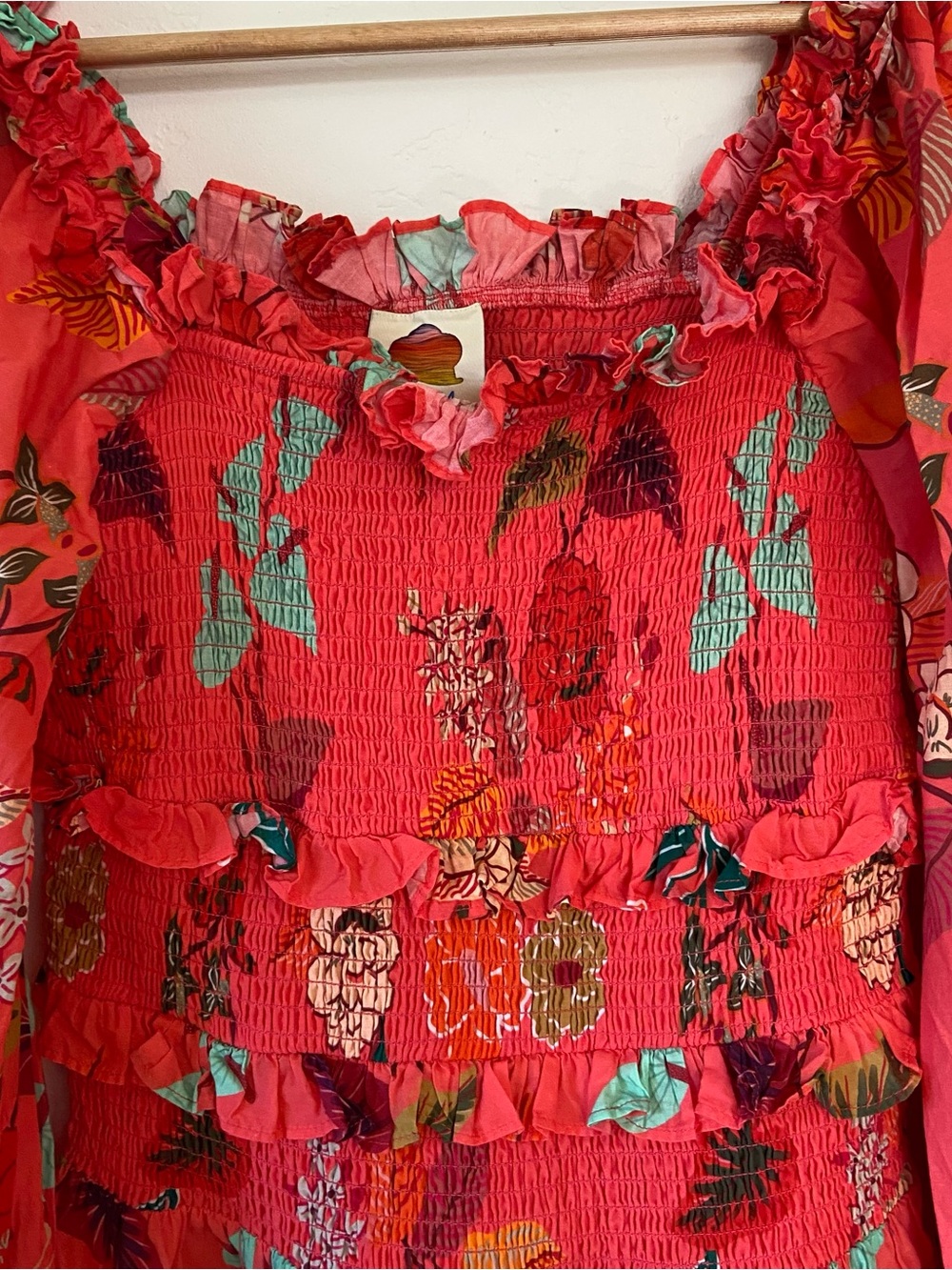 Farm Rio x Anthropologie Smocked Ruffle Mini Dress Coral - Picture 10 of 12